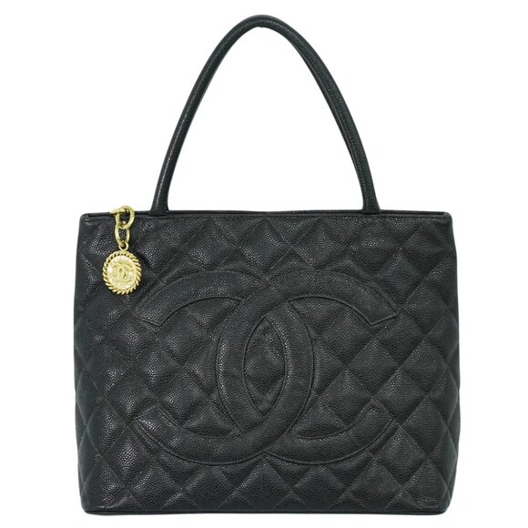 CHANEL CC Medallion Leather Tote Handbag Black Gold - Picture 1 of 10